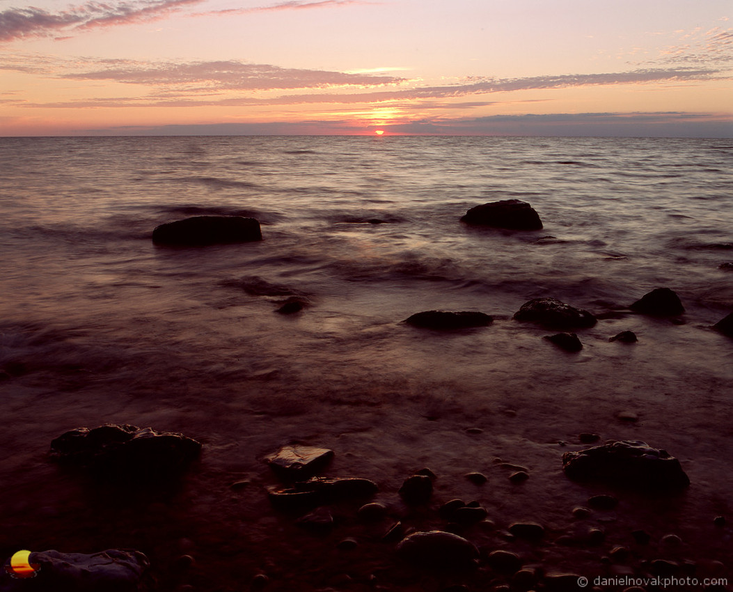 Sunset on the Rocks, Lake Erie Lakeshore, Mamiya RB67, Fuji Velvia RVP 100 slide film