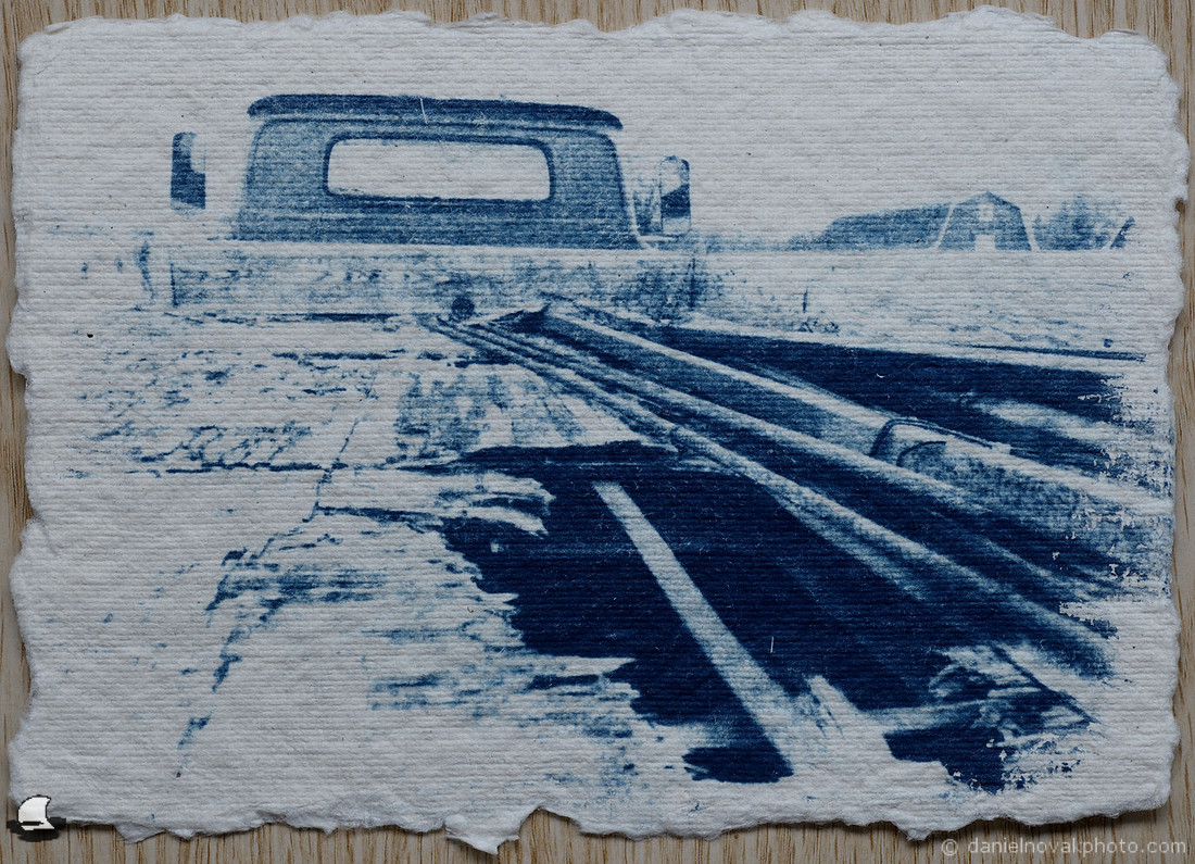 Truck with a Hole, Knox Farm State Park, East Aurora, New York. Deckle Edge Egyptian Cotton Cyanotype, Batch 29.