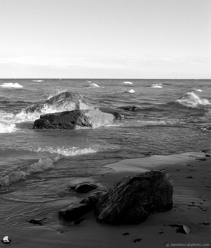 Rocks, Sand, Water; Lake Erie Shore. Medium format Mamiya RB67, Ultrafine UXF 400 Black and White Film, D-23 developer.