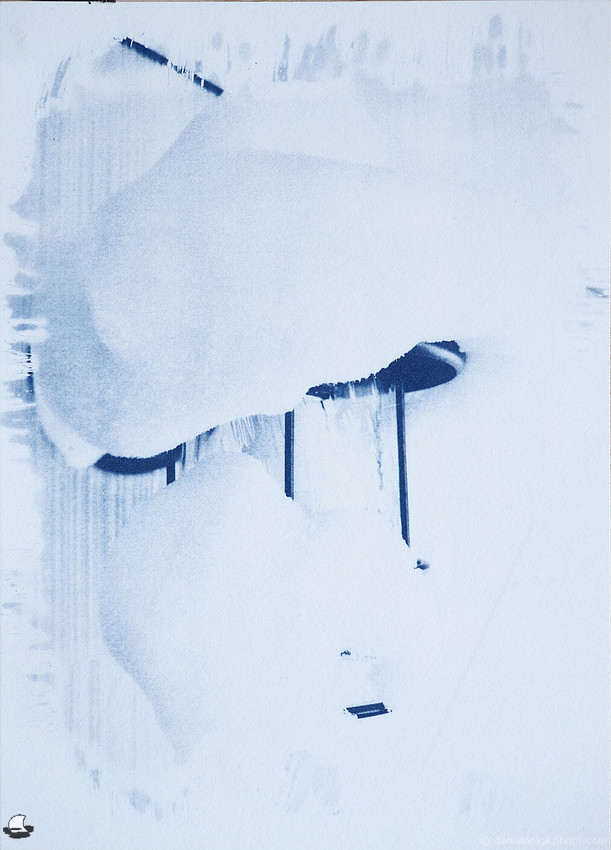 Snow Capped Lamp, Smooth Cyanotype, Batch 28. Winter in Western New York.