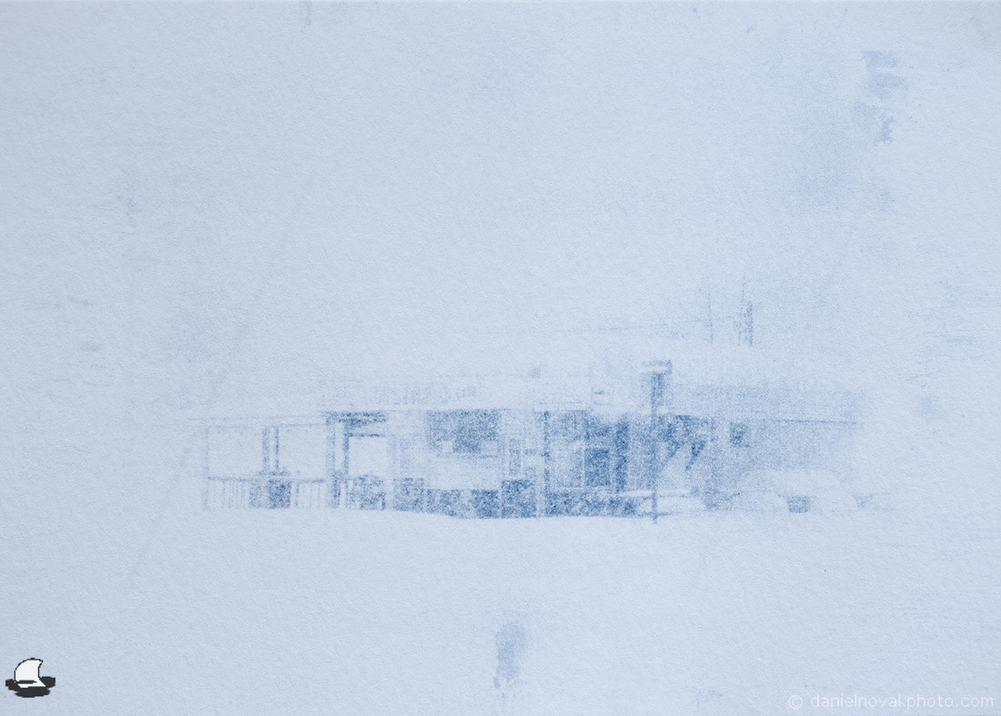 Custard Lite in Snowstorm, Soft Texture Cyanotype, Batch 28. Winter in Western New York. Alternative Process.