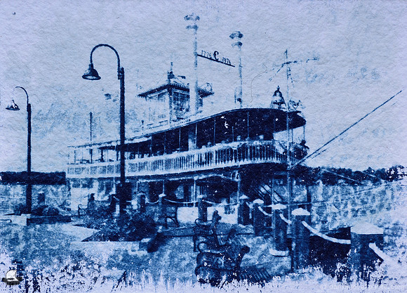 Chautauqua Belle Steamboat, Shizen Cyanotype, an original hand-made 5" x 7" cyanotype print from the Chautauqua Lake, New York.