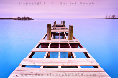 Broken pier missing wood boards, wide angle, colors added with Cokin Yellow Blue filter, Lake Erie, Buffalo, New York (NY).