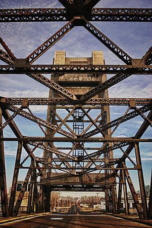 Steel Frame of the Ohio Street Bridge, a vertical lift bridge crossing the Buffalo River, Buffalo, NY.